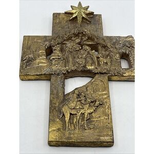 Christmas Nativity Scene Cross Sparkle Gold Tone Wall Plaque‎ Raz Imports 9"